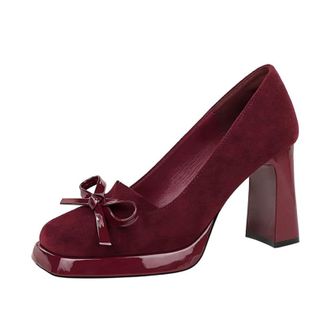 Generic Women Square Toe High Heels 9CM Sexy Pumps Faux Suede Bowknot Ladies Wedding Shoes for Bride Prom Party (Black,3.5)