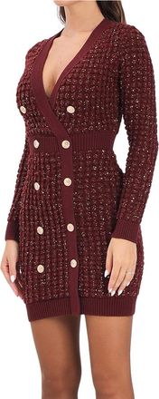 Elisabetta Franchi Textured Knit Fitted Dress With Deep V-Neckline