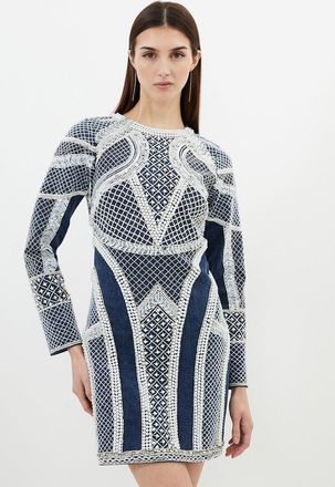 Karen Millen Womens Embellished Pearl Long Sleeve Mini Dress - Blue Cotton - Size 8 UK