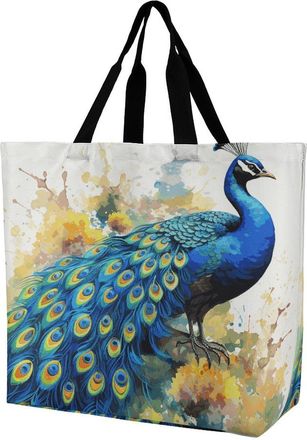 Generic Peacock Watercolor Painting Grocery Bag Eco Friendly Carry Bag Waterproof Tote Bags For Travel Picnic Casual