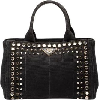 Prada Pre-owned Tote Bags, female, Black, Size: ONE SIZE Pre-owned Studded Canvas Satchel
