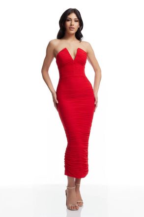 Dress The Population Ferra Bodycon Rouched V Neck Strapless Dress In Rouge