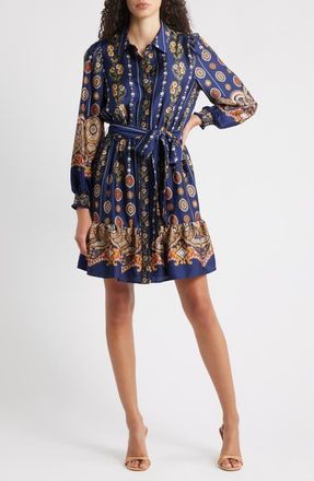 Anne Klein Medallion Print Long Sleeve Tie Waist Shirtdress in Distant Mountain Multi at Nordstrom, Size 14