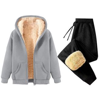 Generic HOOUDO Lightening Deal Of Day Fleece Lined Tracksuit Womens Full Set UK 2 Piece Warm Sherpa Lounge Wear Sets Ladies Winter Warm Trouser Suits Co Ord S
