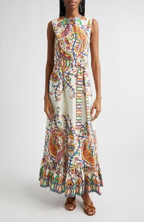 Etro Floral Paisley Belted Cotton Poplin Fit & Flare Dress in Print On White Base at Nordstrom, Size 8 Us
