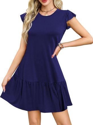 Zeagoo Summer Ladies Dresses UK Causal Puff Sleeve Sundress for Women Round Neck Loose Mini Beachdress Blue XL