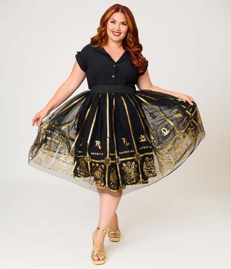 Unique Vintage Plus Size Brilliance Swing Skirt in Black Zodiac Sign Print at Nordstrom, Size 5X