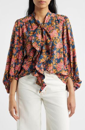 Wit & Wisdom Floral Split Neck Peasant Blouse in Navy/Vintage Lilac Multi at Nordstrom, Size X-Small