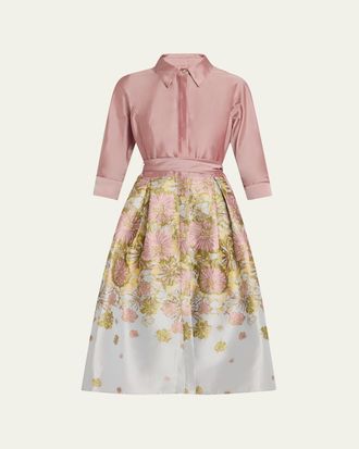 Teri Jon Pleated Floral Jacquard Midi Shirtdress