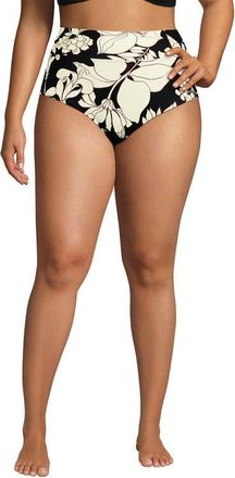 Lands End Plus Size Pinchless High Waisted Bikini Bottoms in Black/egret Lilies at Nordstrom, Size 22W