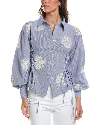 Gracia Embroidered Stripped Side Tie Long Sleeve Top