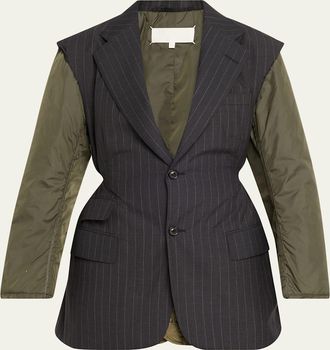 Maison Margiela Mixed-Media Pinstriped Wool Blazer