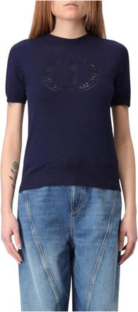 Twinset Round-neck Knitwear, female, Blue, L, Blue Merino Wool Pullover Jumper