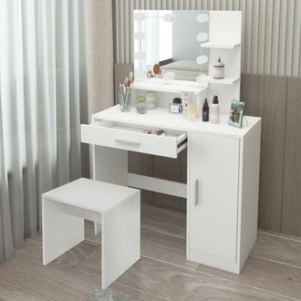 ML Design Ml-design - Tocador Blanco Mesa De Maquillaje 137 X 90 X 38 Cm Con Luz Led Y Taburete, Con Espejo, Caj&oacute;n Y Compartimentos Gabinete Mueble De Madera Md