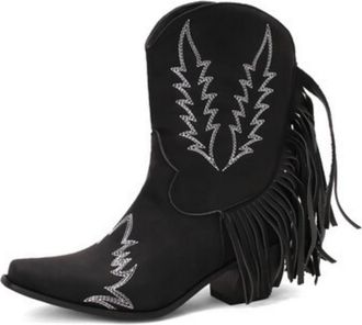 Generic Womens Pointed Toe PU Leather Short Boots Mid Block Heel Fringe Boots Pull on Booties with Embroidery Stitched,Black,4.5 UK