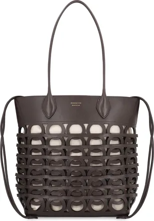 Ferragamo Womens Tote Bag Gancini M Dark Brown Calf Leather; Lining: Linen