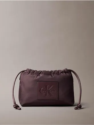 Calvin Klein Womens Nylon Drawstring Monologo Crossbody Bag - Brown