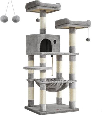 FEANDREA &Aacute;rbol para gatos de 143 cm con postes rascadores tela de felpa gris