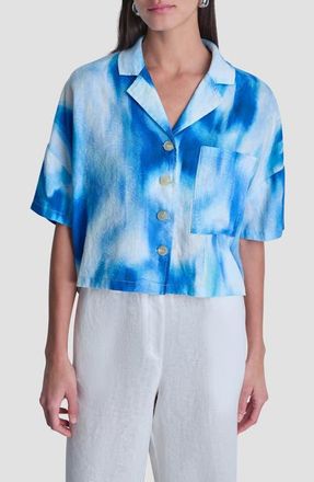 DKNY Cropped Linen Camp Shirt in Misted Surf at Nordstrom, Size X-Large