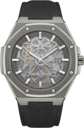 Kenneth Cole Benson Skeleton Automatic Nylon Strap Watch, 42mm in Black at Nordstrom