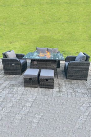 Fimous Rattan Garden Furniture Gas Fire Pit Table Sets Heater Love Sofa Recling Chairs Footstools in Dark Grey