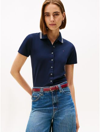 Tommy Hilfiger Womens Slim Fit Tipped Button-Down Stretch Polo - Navy - XS