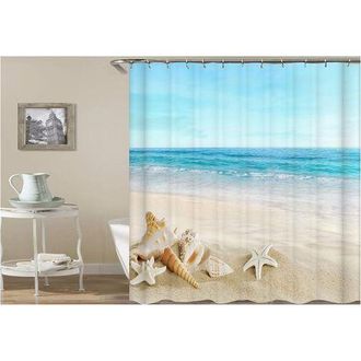 OEM Cortina De Ducha Con Dise&ntilde;o De Playa, Poli&eacute;ster, Olas, Mar, Playa, Estrellas De Mar Y Caracolas, 180 X 180 Cm, Con 12 Ganchos De Pl&aacute;stico
