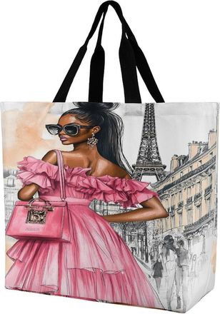 Generic Black Women In Paris E-iffel Tower Reusable Shopping Bags Large Capacity Grocery Bag Heavy Duty Tote for Women 40x40x16cm