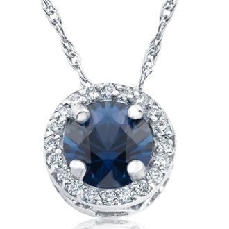 Pompeii3 1/2ct Blue Sapphire & Diamond Halo Pendant White Gold & 18 Necklace Lab Grown