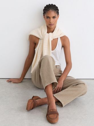 Reiss Tan Raffia Leather Trim Loafers, 336