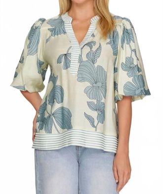 She + Sky Bubble Sleeve Blouse In Light Blue