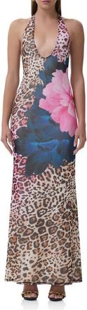 AFRM Paisleigh Mixed Print Halter Neck Maxi Dress in Animal Block Peony at Nordstrom, Size X-Large