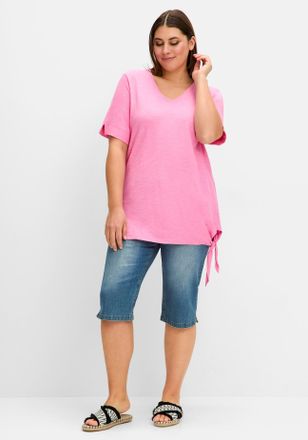 Sheego T-Shirt SHEEGO T-Shirt, Damen, Gr. 40, rosa (blumiges pink), 50% Baumwolle, 50% Modal, unifarben, V-Ausschnitt, Shirts T-Shirt