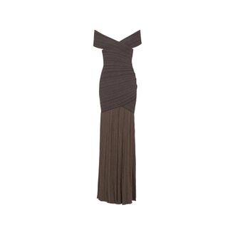 Balmain Off-the-Shoulder Pleated Gown - female - Balmain - Gowns - Brown - XS - Dresses