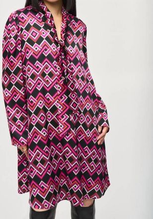 Joseph Ribkoff Geometric Pussy Bow Satin Shift Dress In Black/multi