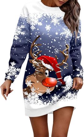 Generic Christmas Sweater Dress for Womens UK Xmas Jumper Sweater Tunic Christmas Jumper Dress for Women UK Cute Reindeer Santa Xmas Tops Long Sleeve O Neck P