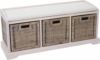 Hhg Banco Bienne, caja de almacenaje, 3 cestas, mimbre ratán Kubu, 112x46x37cm, blanco