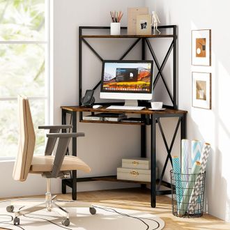 Costway Costway - Escritorio Para Computadora Con Estantes, Escritorio De Esquina Ahorra Espacio Con Bandeja Para Teclado, Mesa Triangular Para Oficina Con Ma