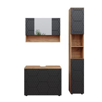 Vicco Conjunto De Muebles De Ba&ntilde;o Irma, Rayas Antracita, 3 Piezas, Con Armario Con Espejo 80 Cm