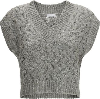 Brunello Cucinelli Womens Vest Silk-Blend Sequined Rosemary Knitwear Sweater