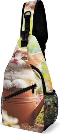 Generic Cute Cat Sitting in Flower Pots Mens Shoulder Bags Sling Crossbody Backpack Travel Hiking Chest Bag with Small Side 38x20cm