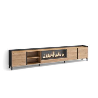 Skraut Home Mueble tv efecto madera roble negro 315x35x61cm chimenea efecto fuego