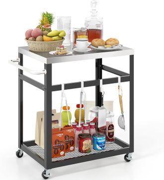 Costway Costway - Carro De Servicio De Acero Inoxidable, Carro Para Parrilla Con Ruedas Y Asa, Carro Con 4 Ganchos Para Bar De Casa, Cocina, Comedor 83,5 X 50