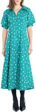 English Factory Heart Print Cotton Midi Dress in Green at Nordstrom Rack, Size X-Small