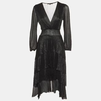 Maje Black Metallic Asymmetric Tiered Midi Dress