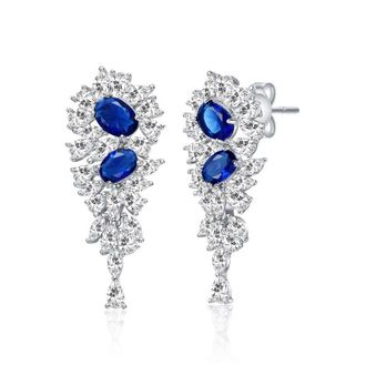 Rachel Glauber White Gold Plated with Sapphire Blue Cubic Zirconia Cluster Dangle Earrings
