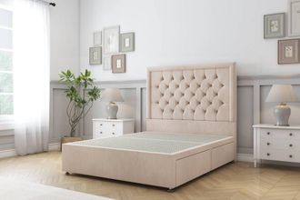 Sloomy Montana Naples Divan Bed Base 2 Drawers Same Side - 26 Headboard in Light Sand | Size: Small Double