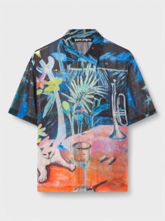 Palm Angels Mens Oil On Canvas Button-Up Bowling Shirt Black/Multicolour - Size X-Large