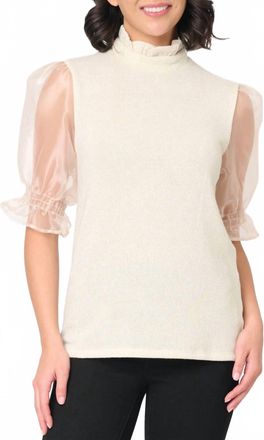 Gibsonlook Feminine Ruffle Top With Organza Puff Elbow Sleeve In Champagne