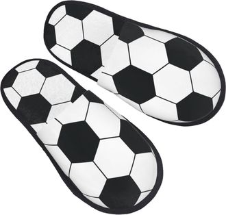 Generic Camping Slippers Soccer Football Black White Unisex Fuzzy Slippers Non-Slip Cotton Slipper For Indoor Guest Room Bedroom L